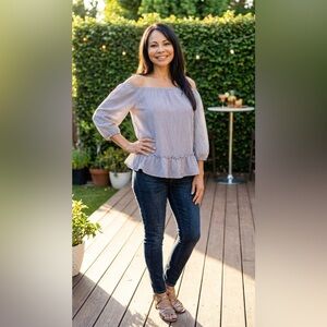 Lila Rose grey striped/black striped off shoulder top